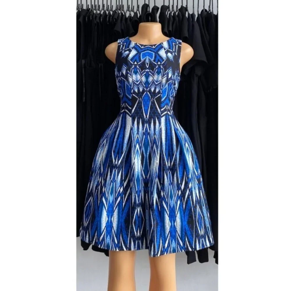 Gabby Skye Blue Geometric Fit And Flare Sleeveless Dress Womens Size 8 - Picture 2 of 9